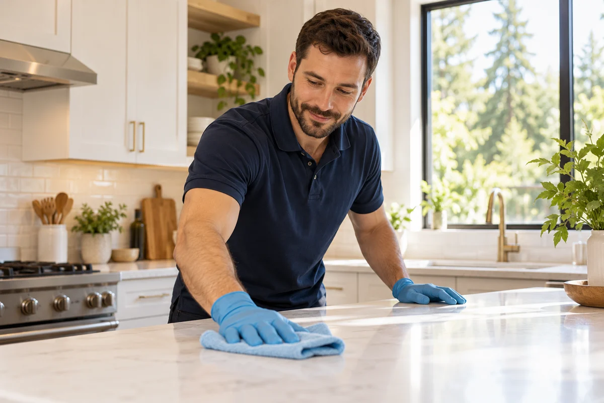A cleaner wiping a kitchen countertop